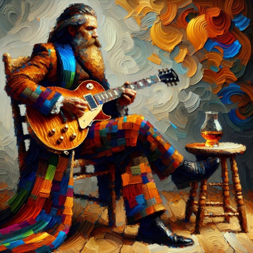 A painting of thick geometric brushstrokes of a suave bearded guitarist playing beside a glass of whisky.