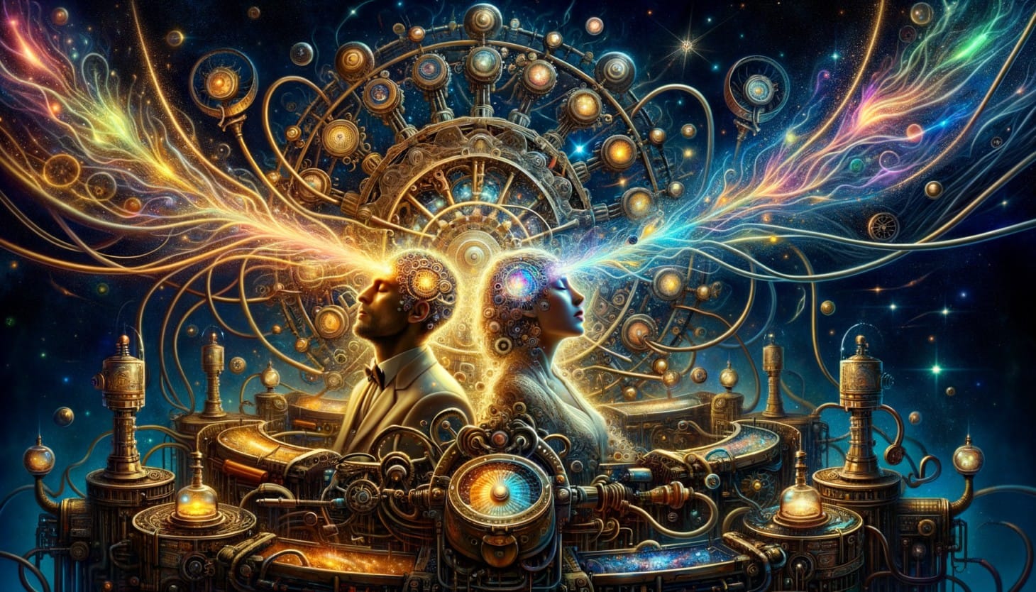 Two futuristic humans sit in a huge mechanical contraption and burst with colourful light as they share consciousness.