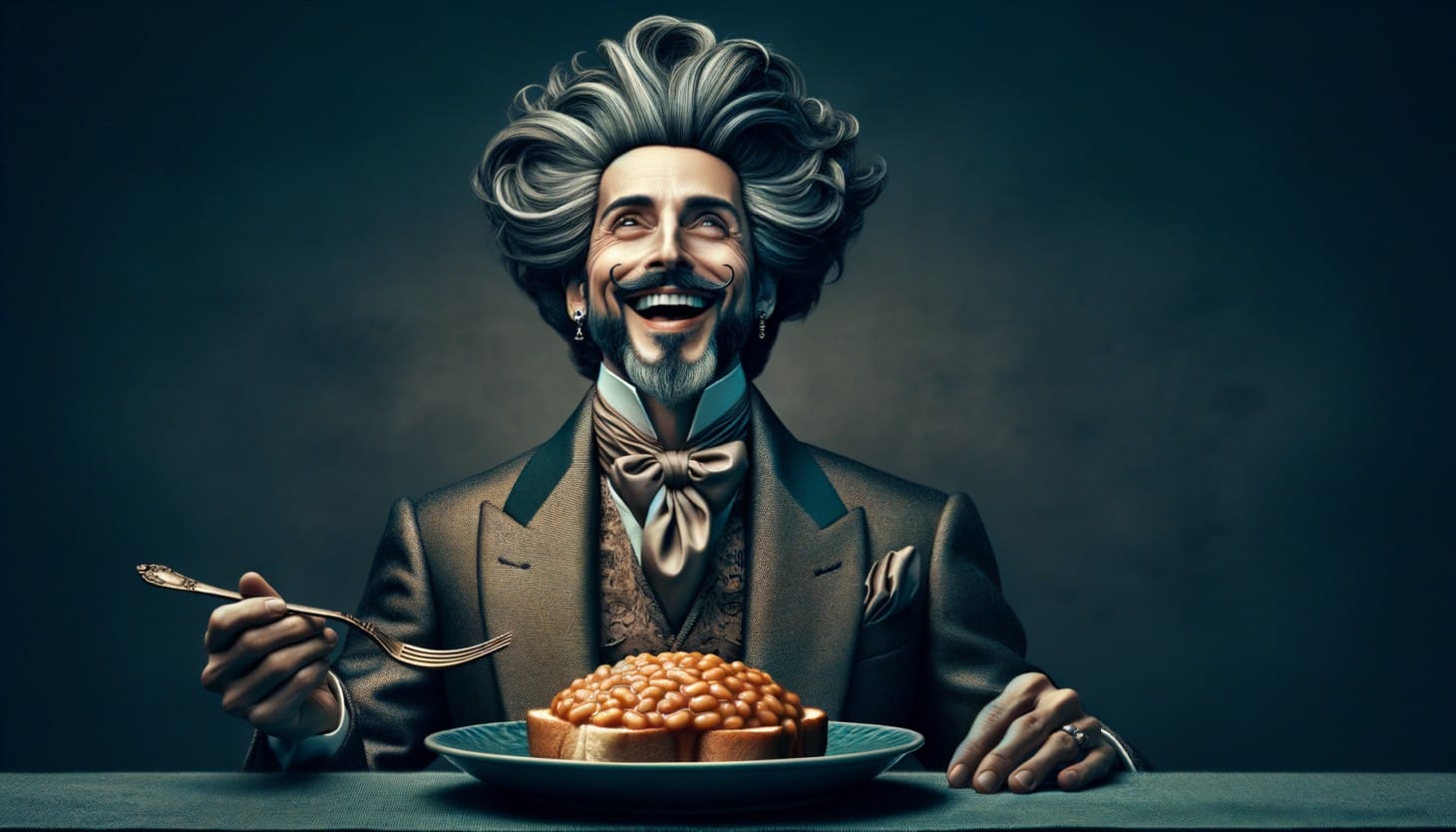 A well-dressed, posh and proper gentleman food-critic sits in front of a plate of beans-on-toast, but laughs happily at its remarkable adequacy.