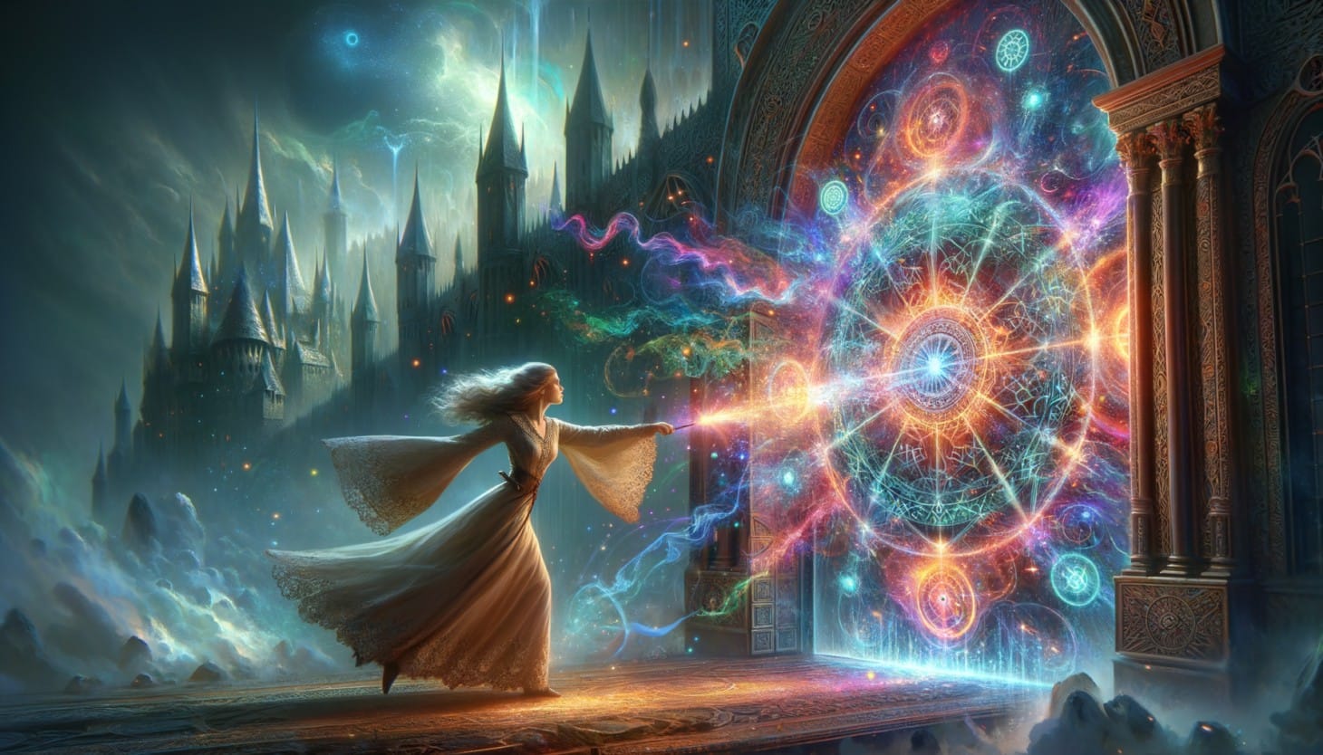 A sorceress casts a spell to open a magically sealed castle gate. The door is alight with runic patterns of colour.