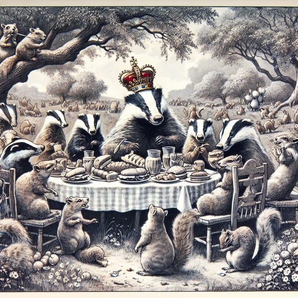 A children's book drawing of badgers and other woodland creatures having a picnic, the crowned king badger among them.