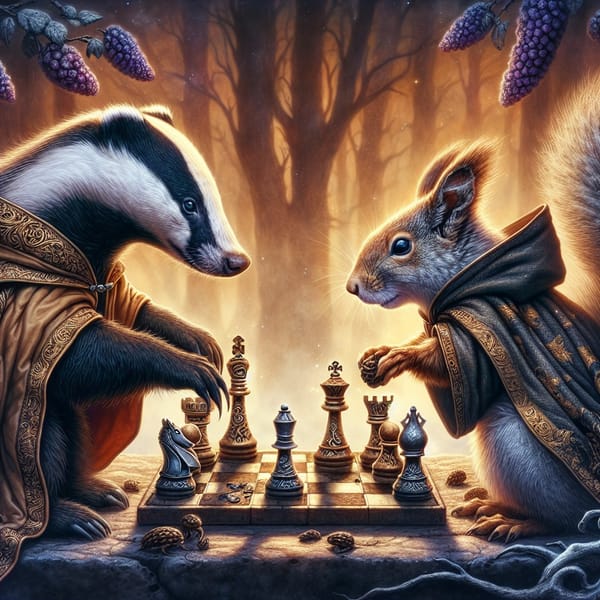 A badger and squirrel play a chess-like game with ornate pieces clothed in decorated robes.