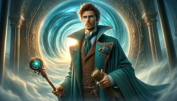 A wizard with staff and scrolls, clothed in turquoise robes emerges from a portal with determination.