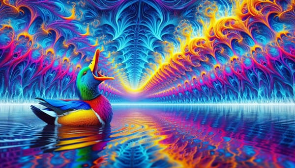 A duck squawks on a multicolour lake and the sound makes synesthetic bright fractals of colour. 