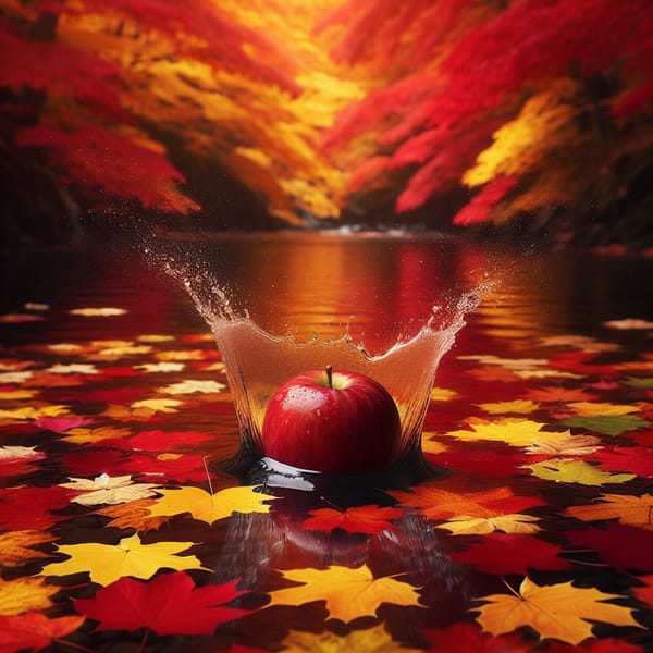 The instant a glistening red apple hits the surface of an autumn leaf covered lake. The splash encircles it like a crown.