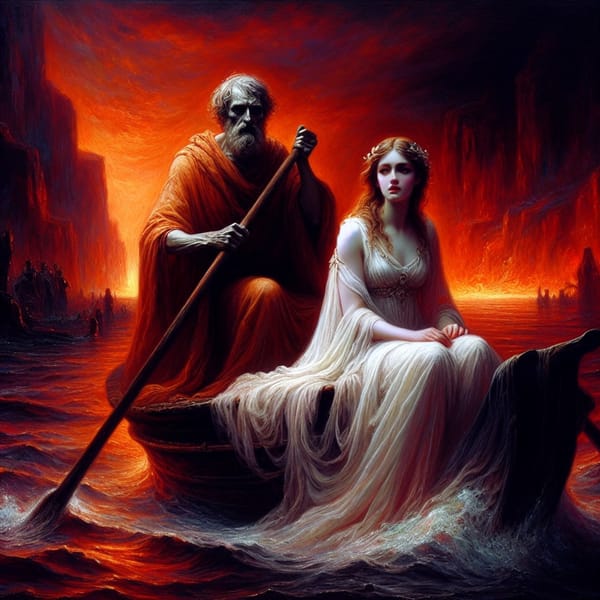 The deathly figure of Charon ferries a woman in a ghostly dress over the river Styx, among the fiery reds of the underworld.