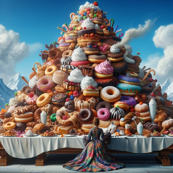 A woman in a colourful dress sits ready to eat at a table covered in a mountain of cakes, doughnuts and ice cream.