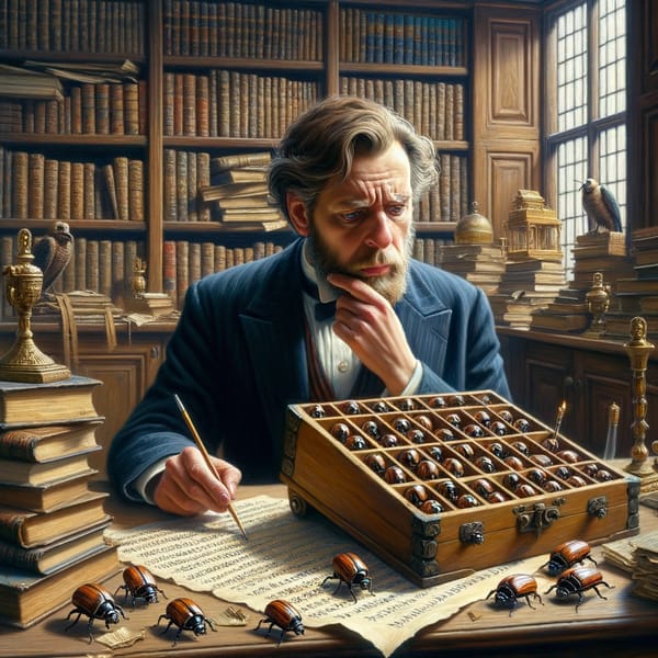 A wizened professor sits in a book-filled office puzzled by a box of scarabs.