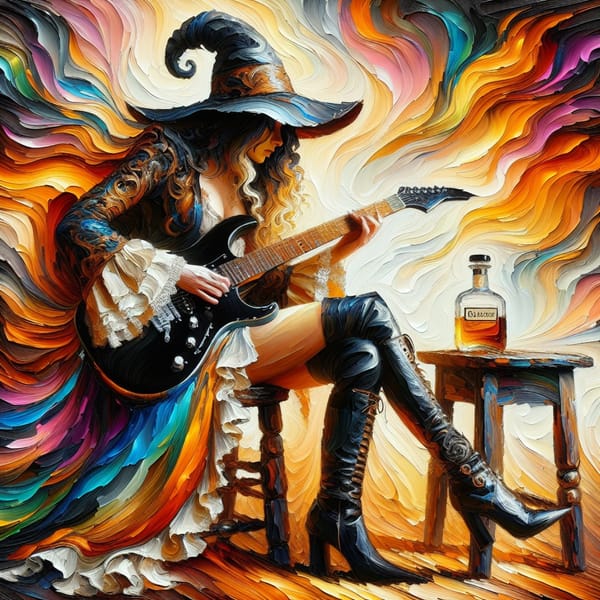 A colourful painting of a guitarist styled as a sorceress playing beside a bottle of whisky.