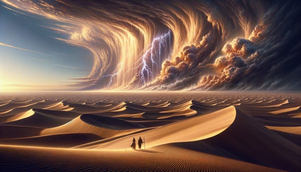 A vast desertscape. Two tiny figures stand in awe of an approaching impossibly huge sand and lightning storm. 