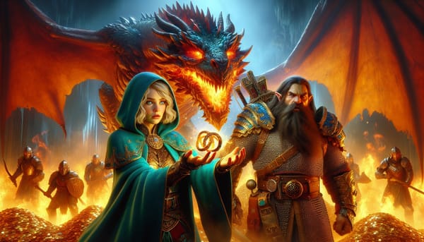 A mage chased by a dragon and an army is distracted by powerful loot and judged by her companion.