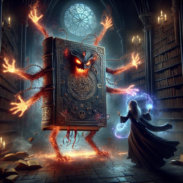A literally unputdownable book as it is possessed by a demon. A sorceress casts a spell to defend the surround library.