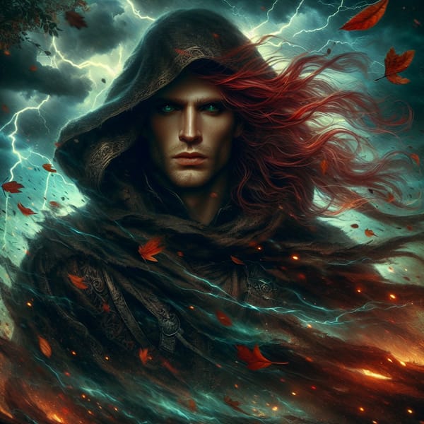 An arcanist with bright green eyes and flame red hair cloaked in a shadows calls the wind