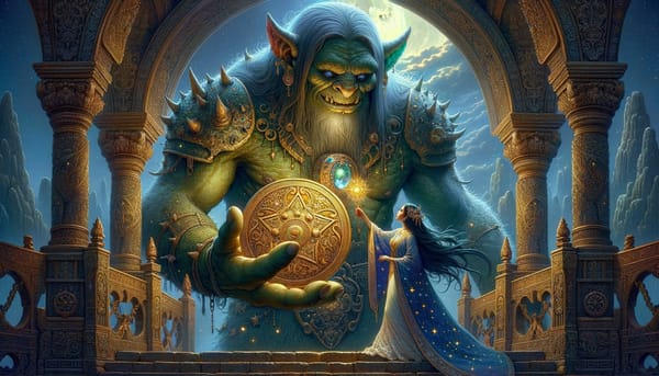A troll demands a huge gold coin as payment to cross the bridge.