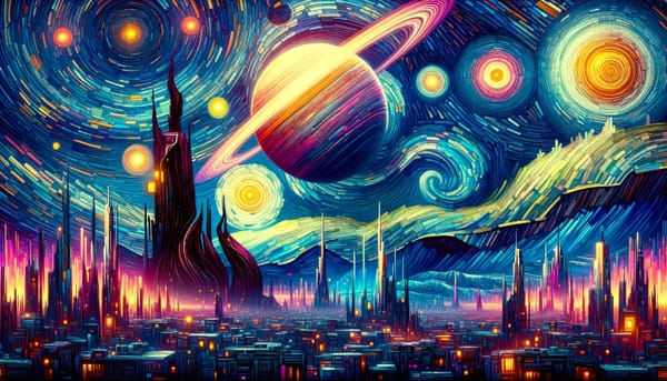 A cyberpunk futuristic take on The Starry Night by Vincent van Gogh