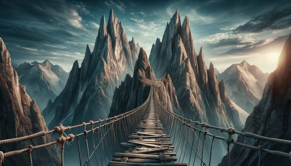 A long bridge between two mountains peaks, made of wood and rope holds together - just.